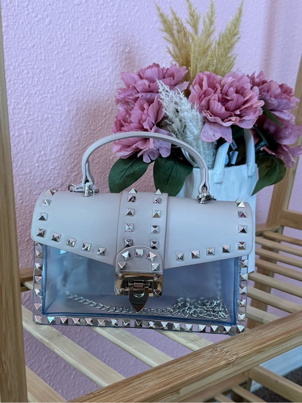 Studded Clear-Panel Crossbody Bag in Light Pink